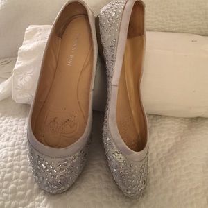 Silver bejeweled flats with satiny detail