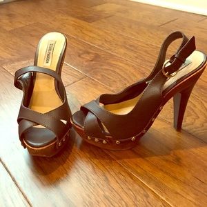 Steve Madden strappy leather stilettos, wood base