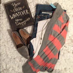Gray and coral open front cardigan