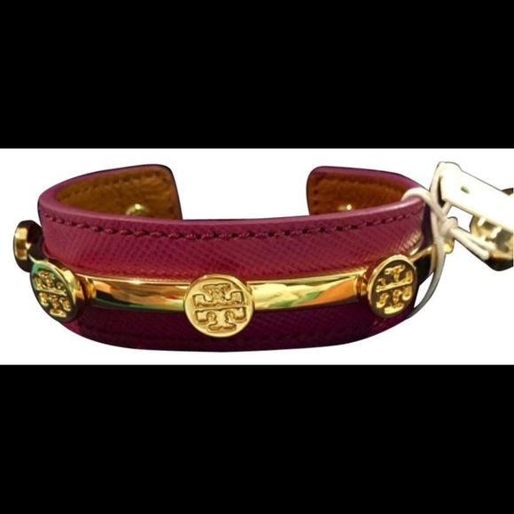 Tory Burch Leather Logo Cuff in Royal Fuschia - Picture 1 of 3