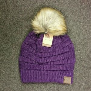 NWT CC Fur Beanie Knit Hat Purple