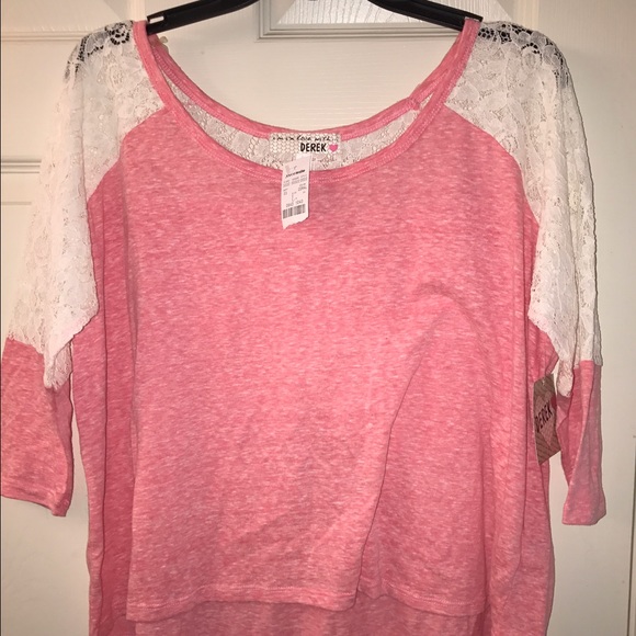 NWT DerekHeart Pink Top with White Lace Cutouts