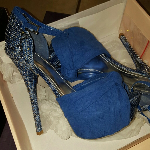 Blue ankle strap, peep toe heels