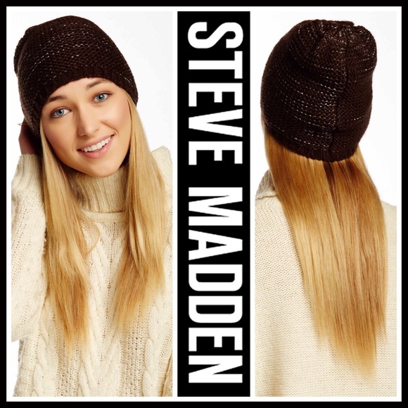 STEVE MADDEN METALLIC THREAD BROWN KNIT BEANIE HAT - Picture 7 of 8