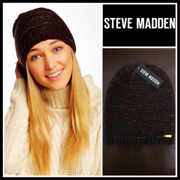 STEVE MADDEN METALLIC THREAD BROWN KNIT BEANIE HAT - Picture 4 of 8