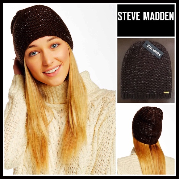 STEVE MADDEN METALLIC THREAD BROWN KNIT BEANIE HAT - Picture 8 of 8