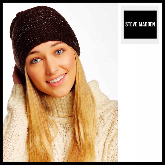 STEVE MADDEN METALLIC THREAD BROWN KNIT BEANIE HAT - Picture 3 of 8