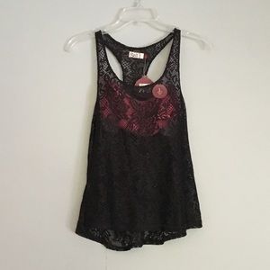 Black lace racerback tank with pink bandeau