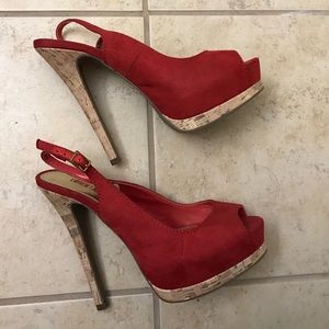 Red suede Platform slingbacks w/ cork heel detail