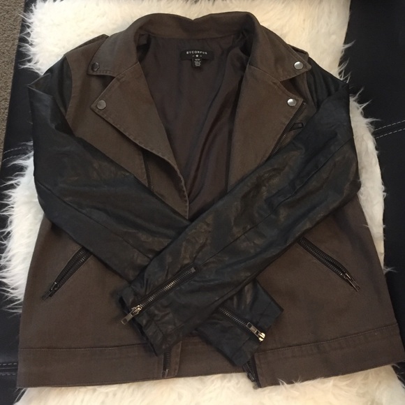 Army green and black leather Moto jacket