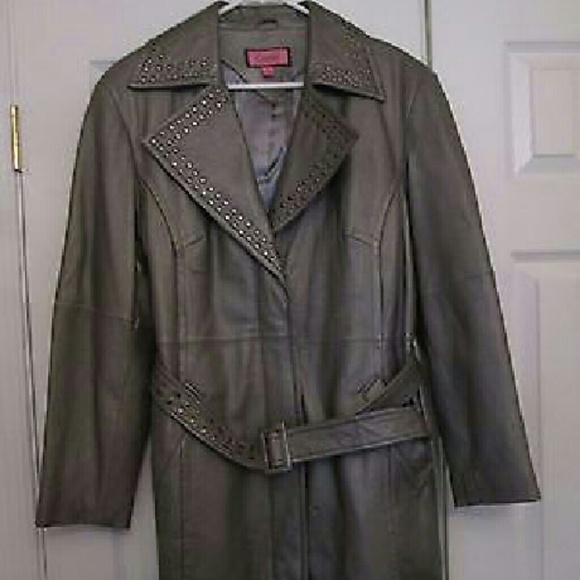 EXCELLED COLLECTION LEATHER PEWTER TRENCH COAT LG