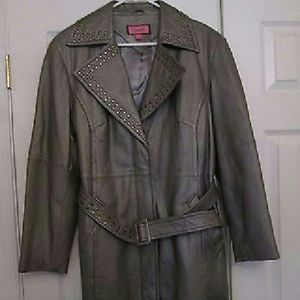EXCELLED COLLECTION LEATHER PEWTER TRENCH COAT LG