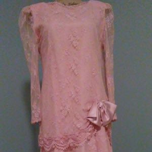 Pink Vintage 80s Evening Gown Dress Lace Antique