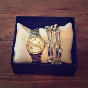 Gold and silver watch and bangle set