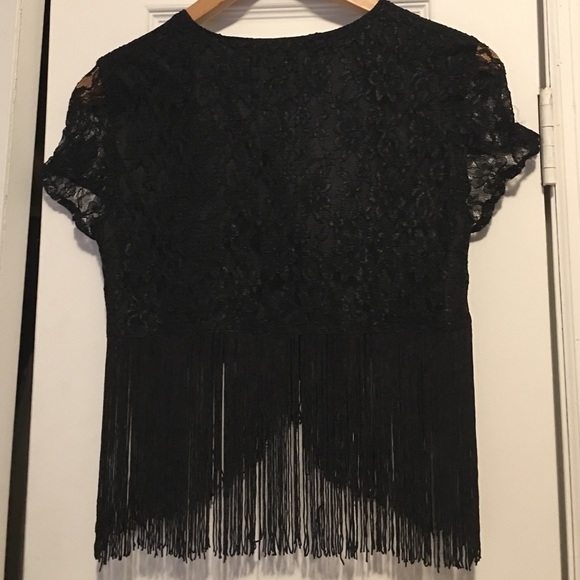 One sz Betsey Johnson blk lace + fringe bolero top - Picture 2 of 4