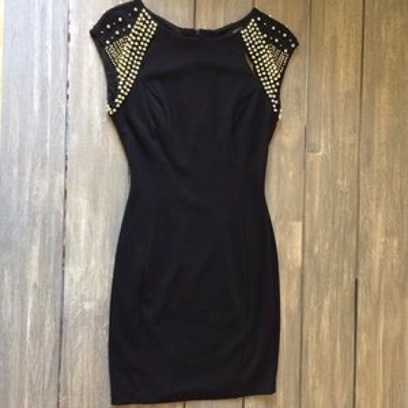 Black mini back cut out dress with gold beading