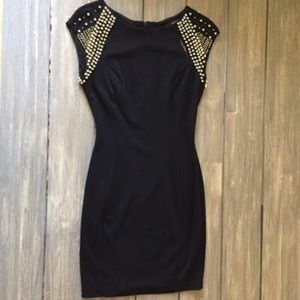 Black mini back cut out dress with gold beading