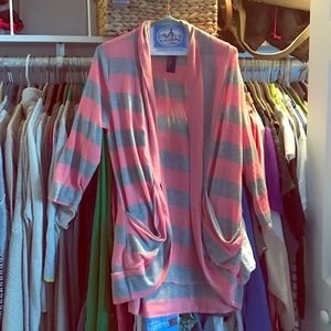 Coral/grey striped cardigan, qt length sleeves