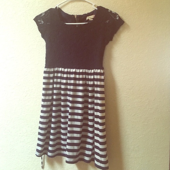 Navy blue and white striped lace dress