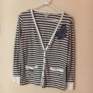 Large, LOFT striped cardigan with beaded decal.