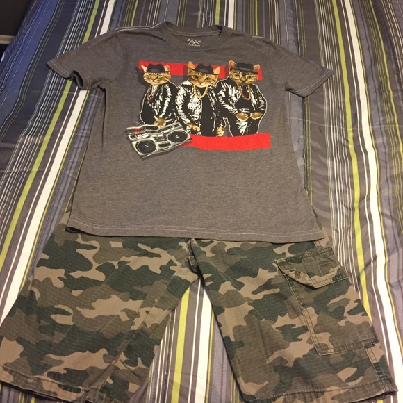 Shirt and Levi's shorts.