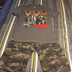 Shirt and Levi's shorts.