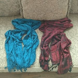 Scarves. Teal blue and red/black in color.