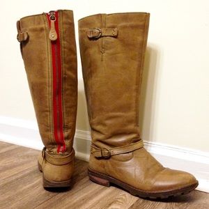 Red Zipper Leather Riding Boots