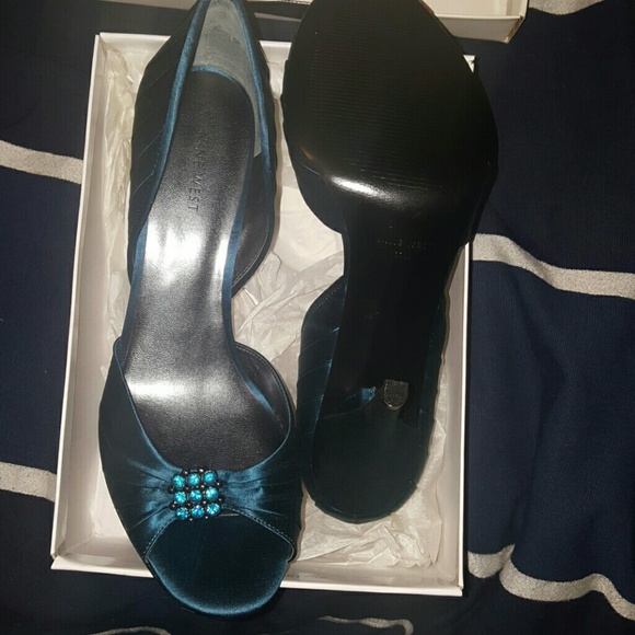 Nine West "Janika Turquoise" satin jewel peep toe