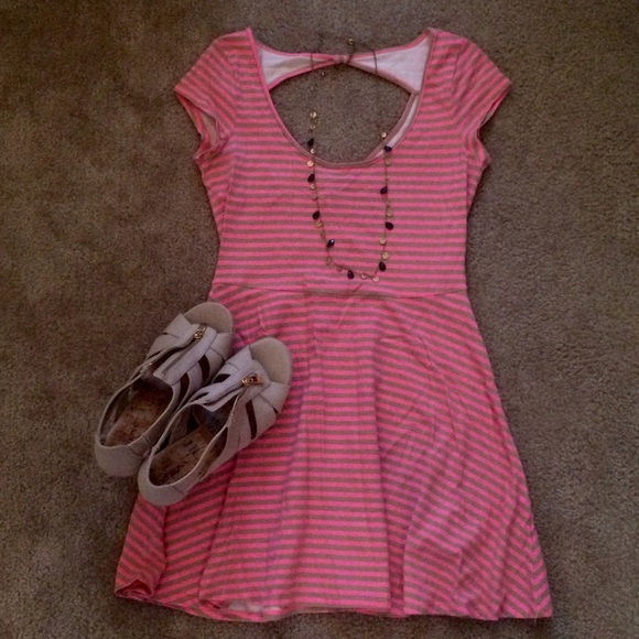 Pink and tan striped skater dress