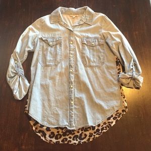 GB denim / cheetah print button up size small