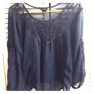Three quarter navy lace detailed blouse