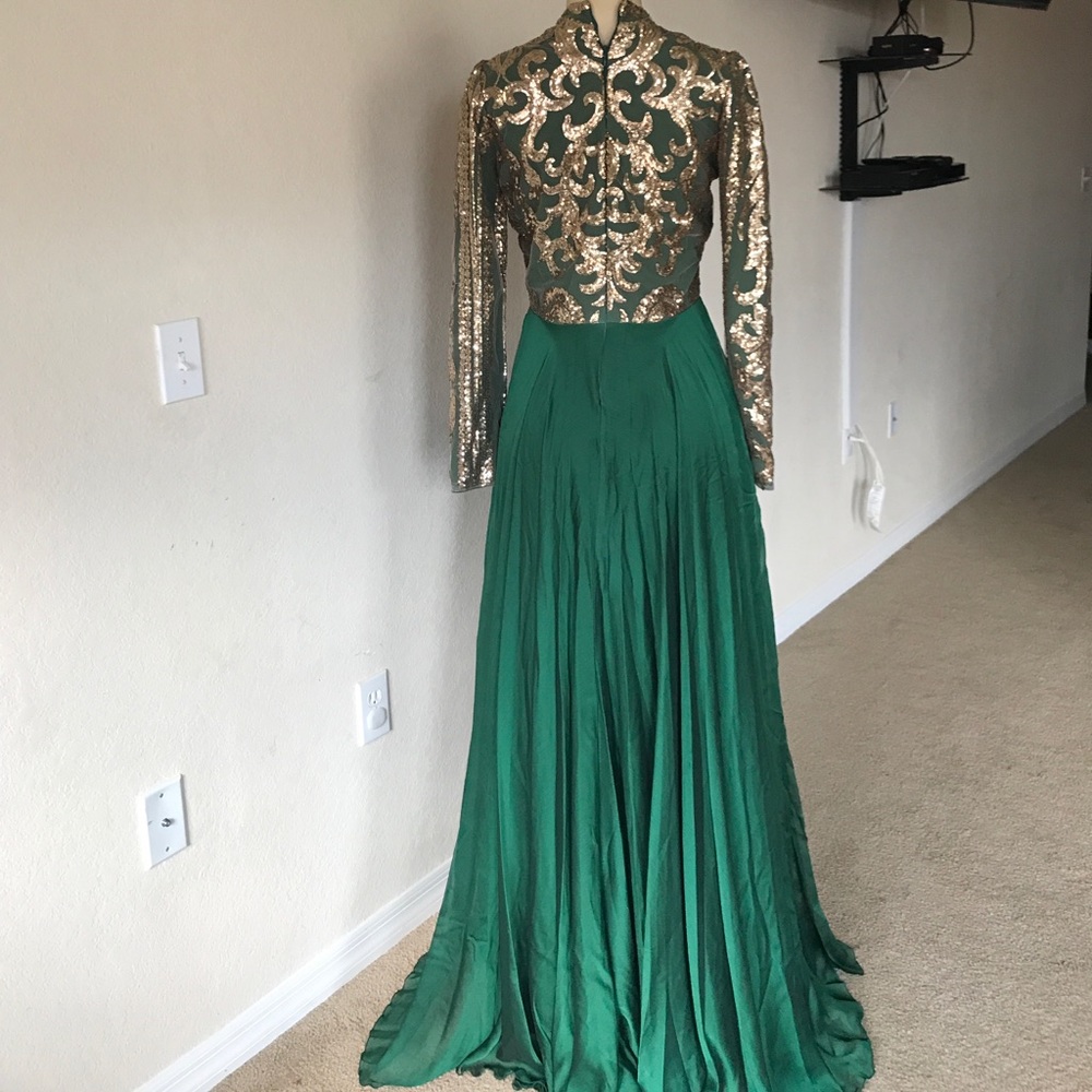 Green Chiffon Sequence Modest Dress