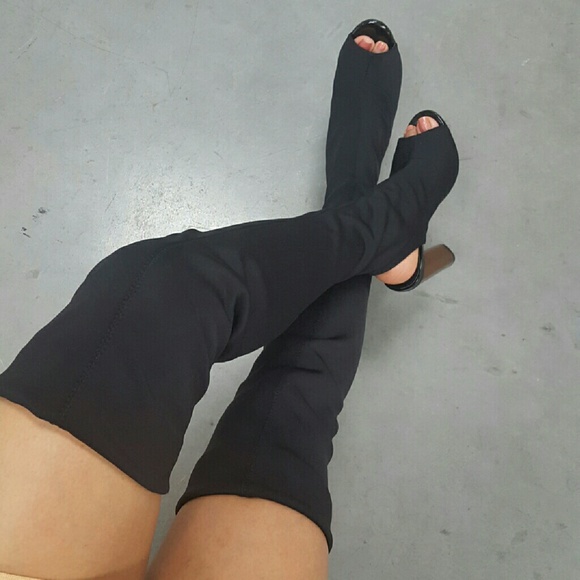 Connie-1 Black Knee high Sock Boots - Picture 3 of 4