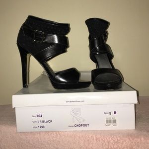 Black faux leather and suede heel sandal