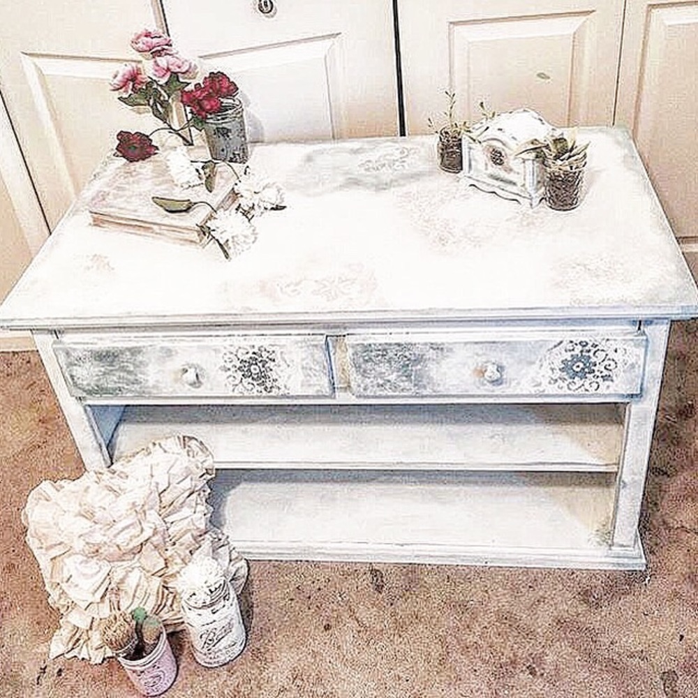 Shabby Chic Tv Stand with Faded Floral Impressions