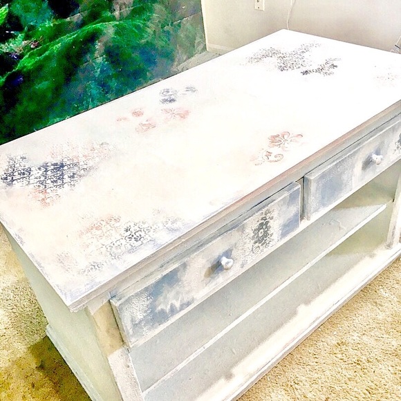 Shabby Chic Tv Stand with Faded Floral Impressions - Picture 2 of 3