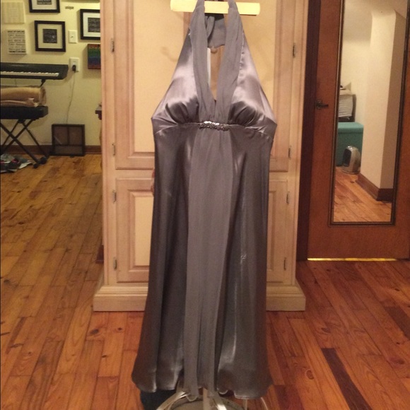 Silver grey chiffon and satin halter after 5 dress