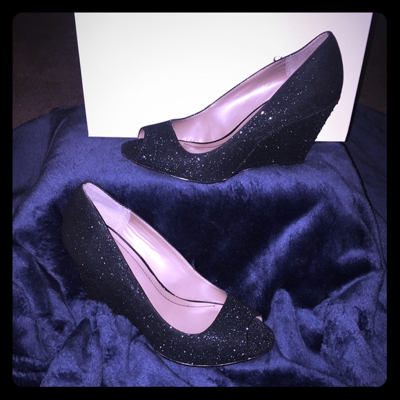 Navy Sparkle Open-toe Wedges