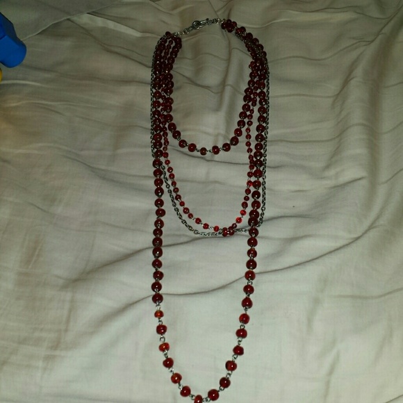 4 strand red beaded and silver toned necklace - Picture 1 of 4