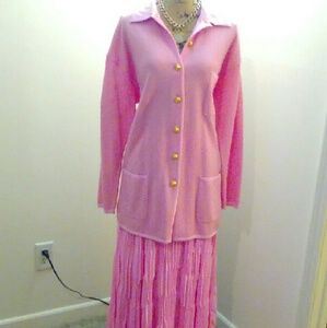 pink vintage Escada skirt and cardigan set