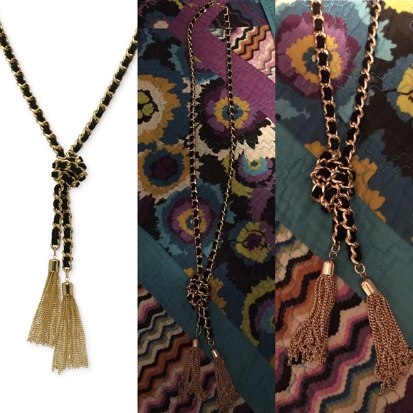 GUESS Gold-Tone and Black Chain Tassel Necklace