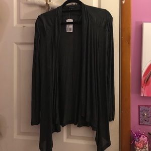 dark grey cardigan with leather shoulders