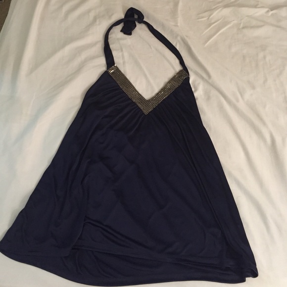 Express blue halter top with v neck detail