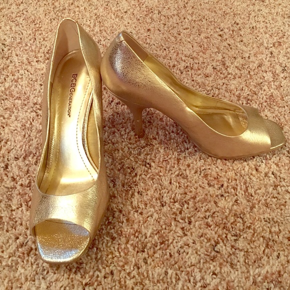BCBG Gold Peep Toe Pumps