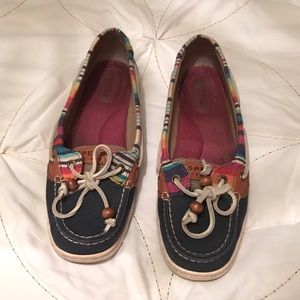 Denim and color striped Sperrys