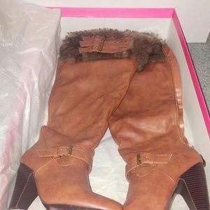 Brown calf high heeled boots