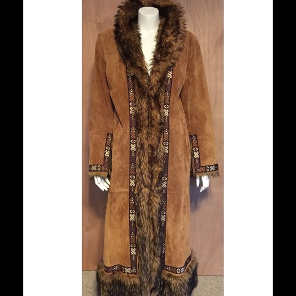 GALLERY long Suede coat with Faux fur trim