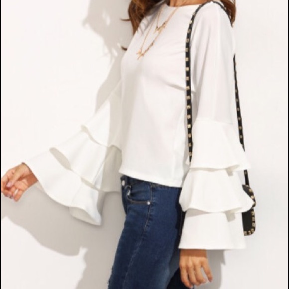 White round neck, ruffle long sleeve blouse