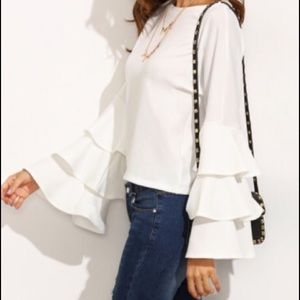 White round neck, ruffle long sleeve blouse